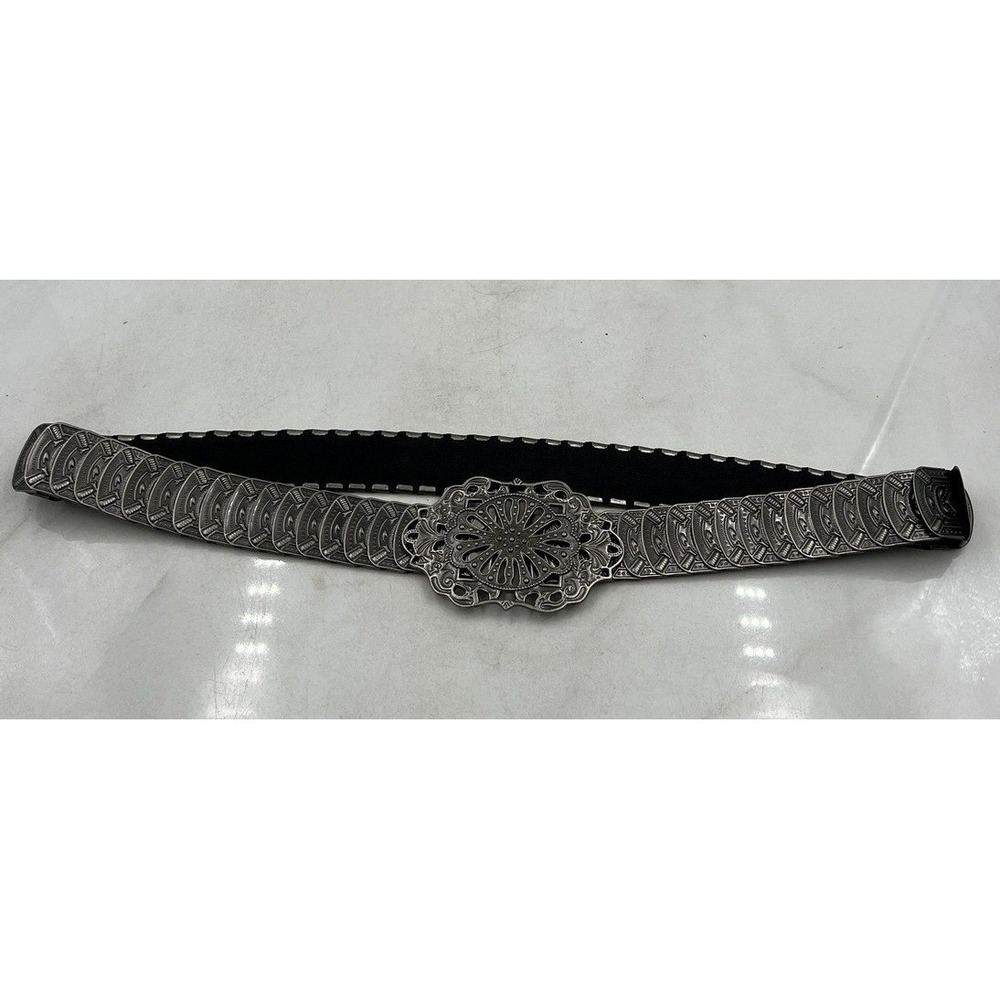 VTG Cinch Belt Style Silver Filigree Medallion Stretch Black Elastic 33 Western